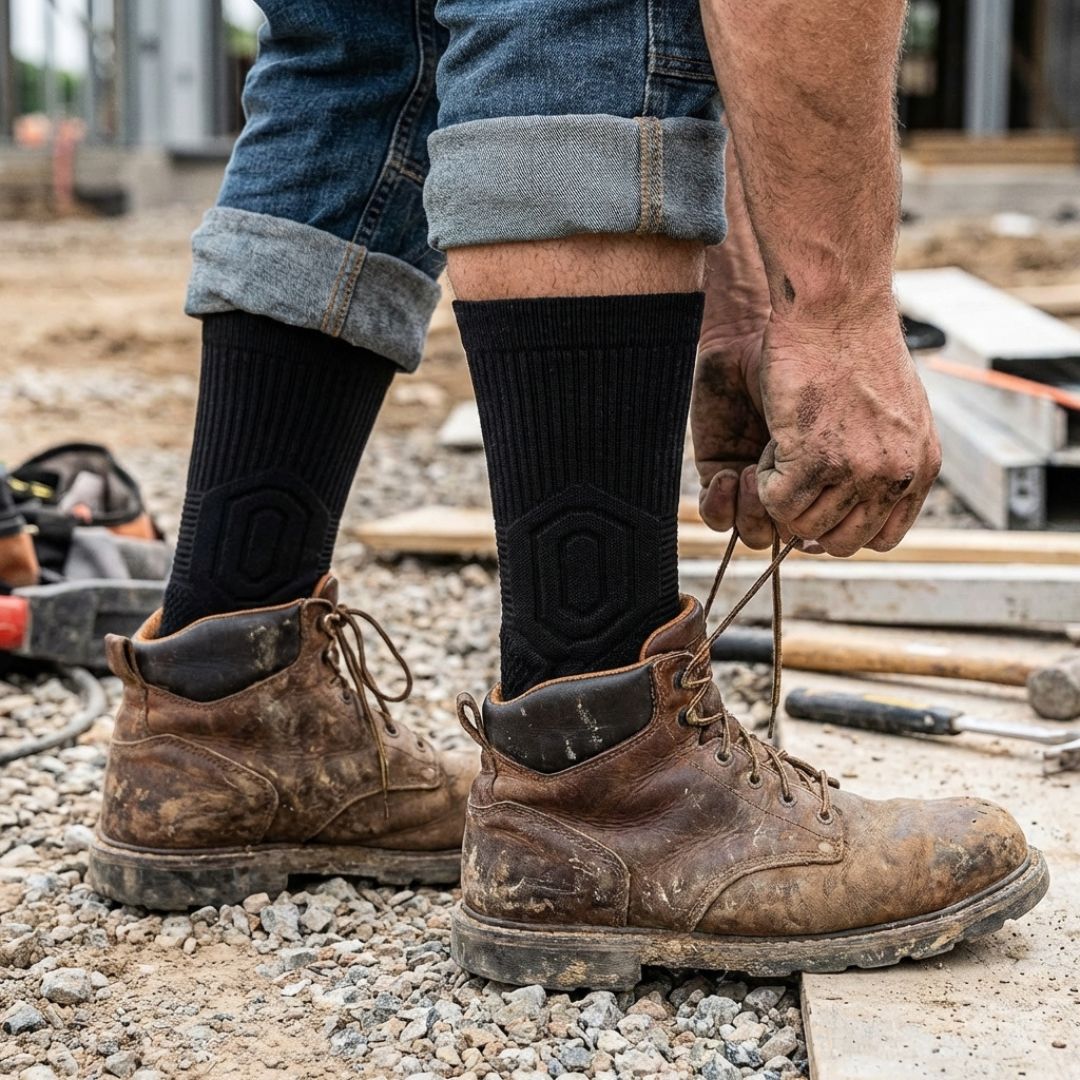 Black work socks worn with work boots