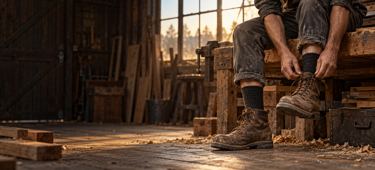 Tradesperson tying work boots in a workshop at dawn